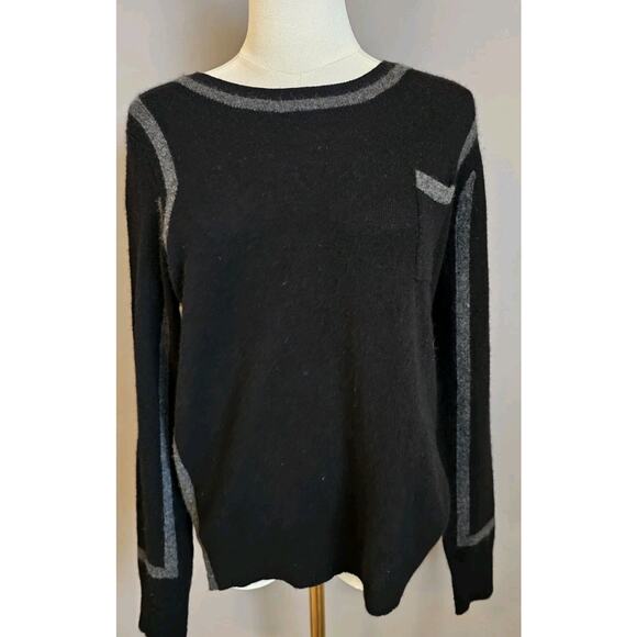 White + Warren 100% Cashmere Black Gray Trim Crewneck Sweater Size M Racing F1 - Picture 1 of 8